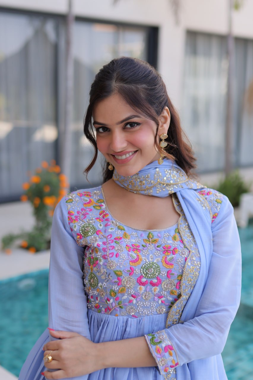 Anamika Sky Coloured Mal Chanderi  with Beads embroidery-work Gown Dupatta Set