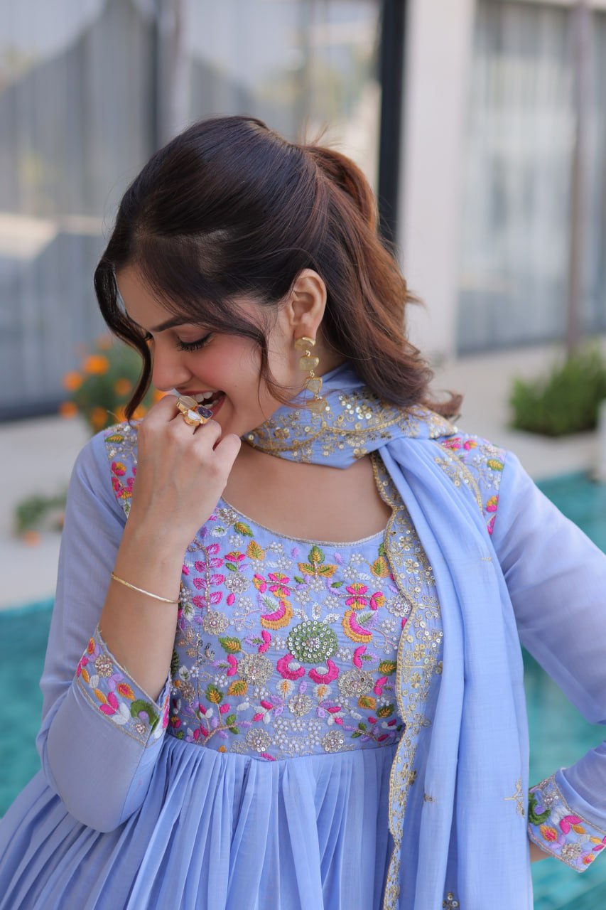 Anamika Sky Coloured Mal Chanderi  with Beads embroidery-work Gown Dupatta Set