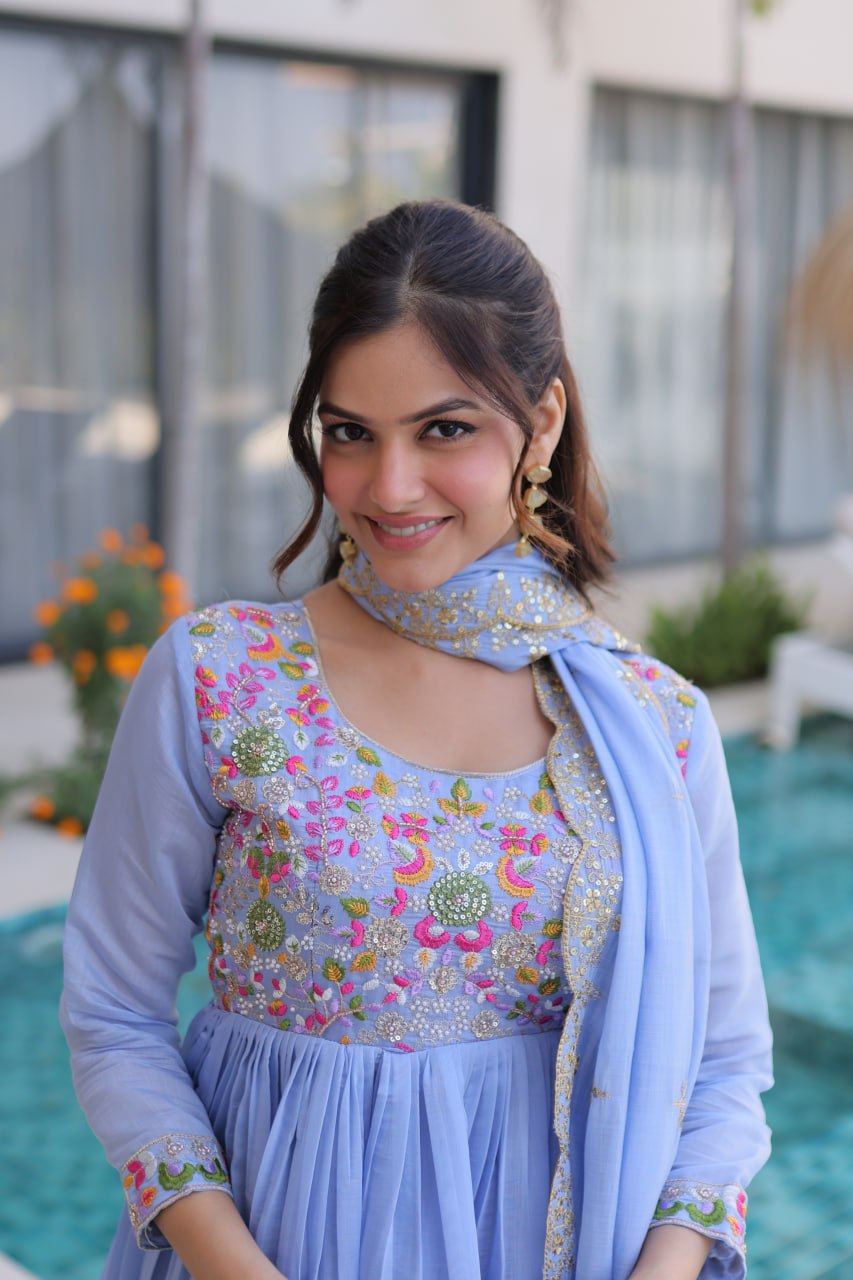 Anamika Sky Coloured Mal Chanderi  with Beads embroidery-work Gown Dupatta Set
