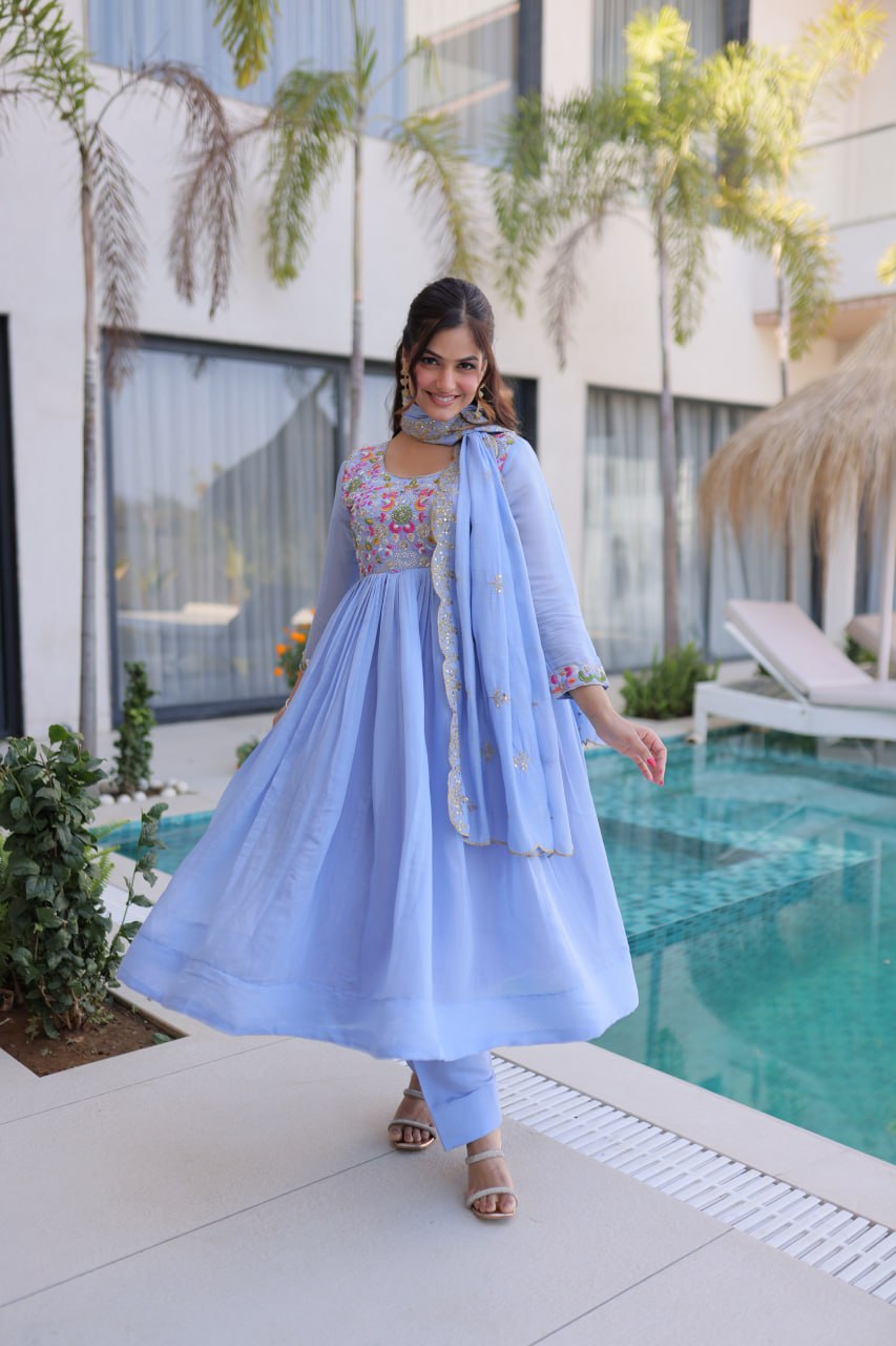 Anamika Sky Coloured Mal Chanderi  with Beads embroidery-work Gown Dupatta Set