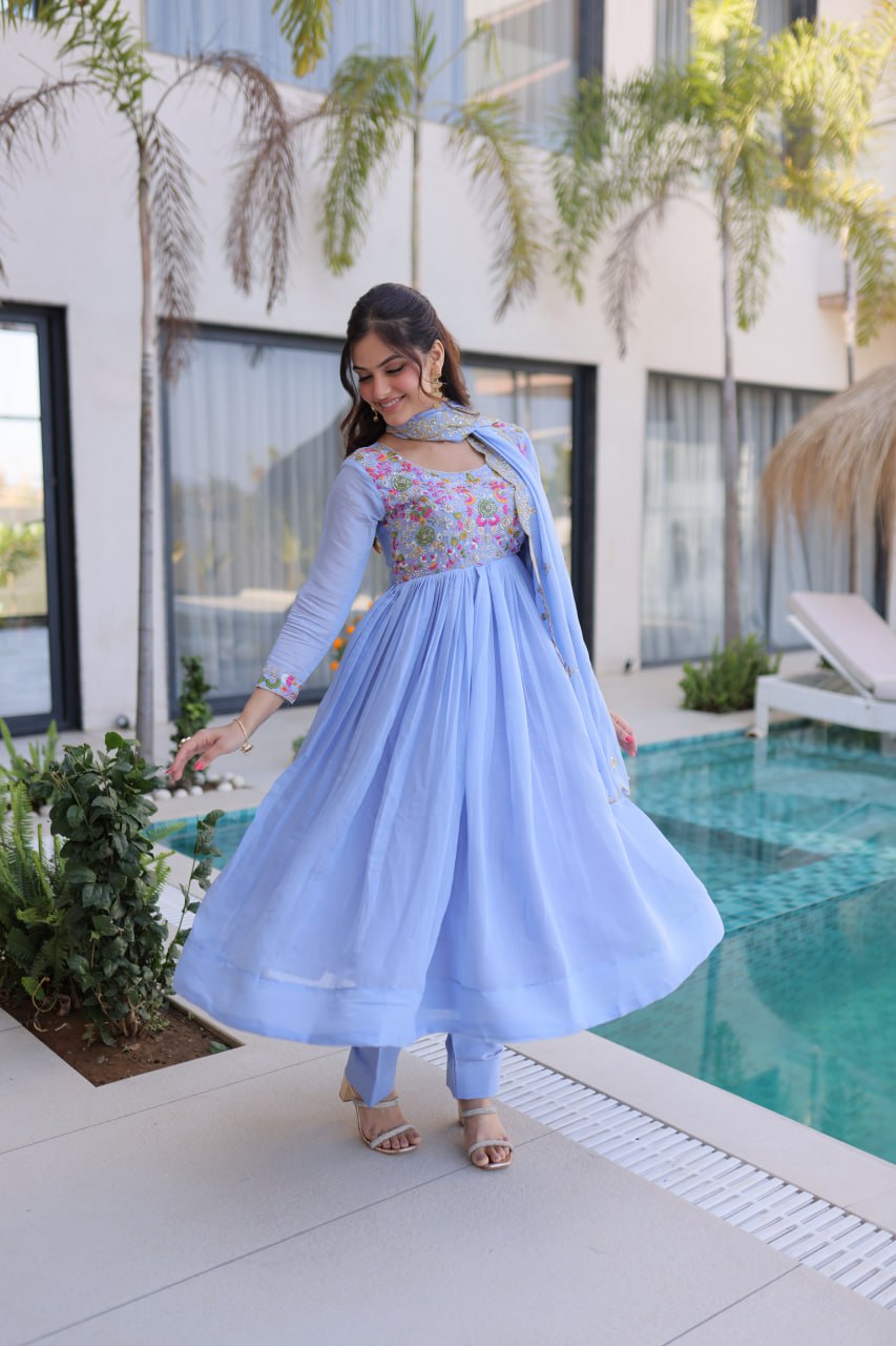 Anamika Sky Coloured Mal Chanderi  with Beads embroidery-work Gown Dupatta Set