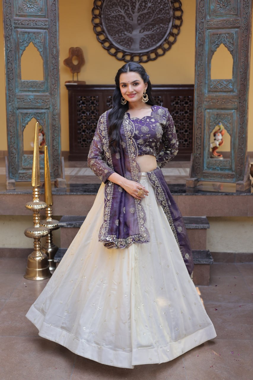 Bhagyashree Purple Cosmos Zari Sequins Embroidered Lehenga Choli Set