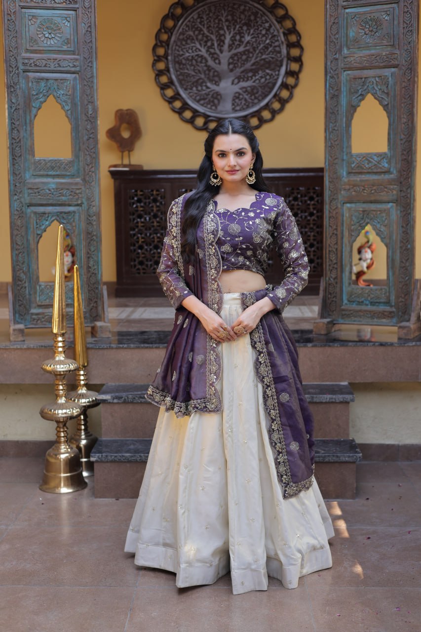 Bhagyashree Purple Cosmos Zari Sequins Embroidered Lehenga Choli Set