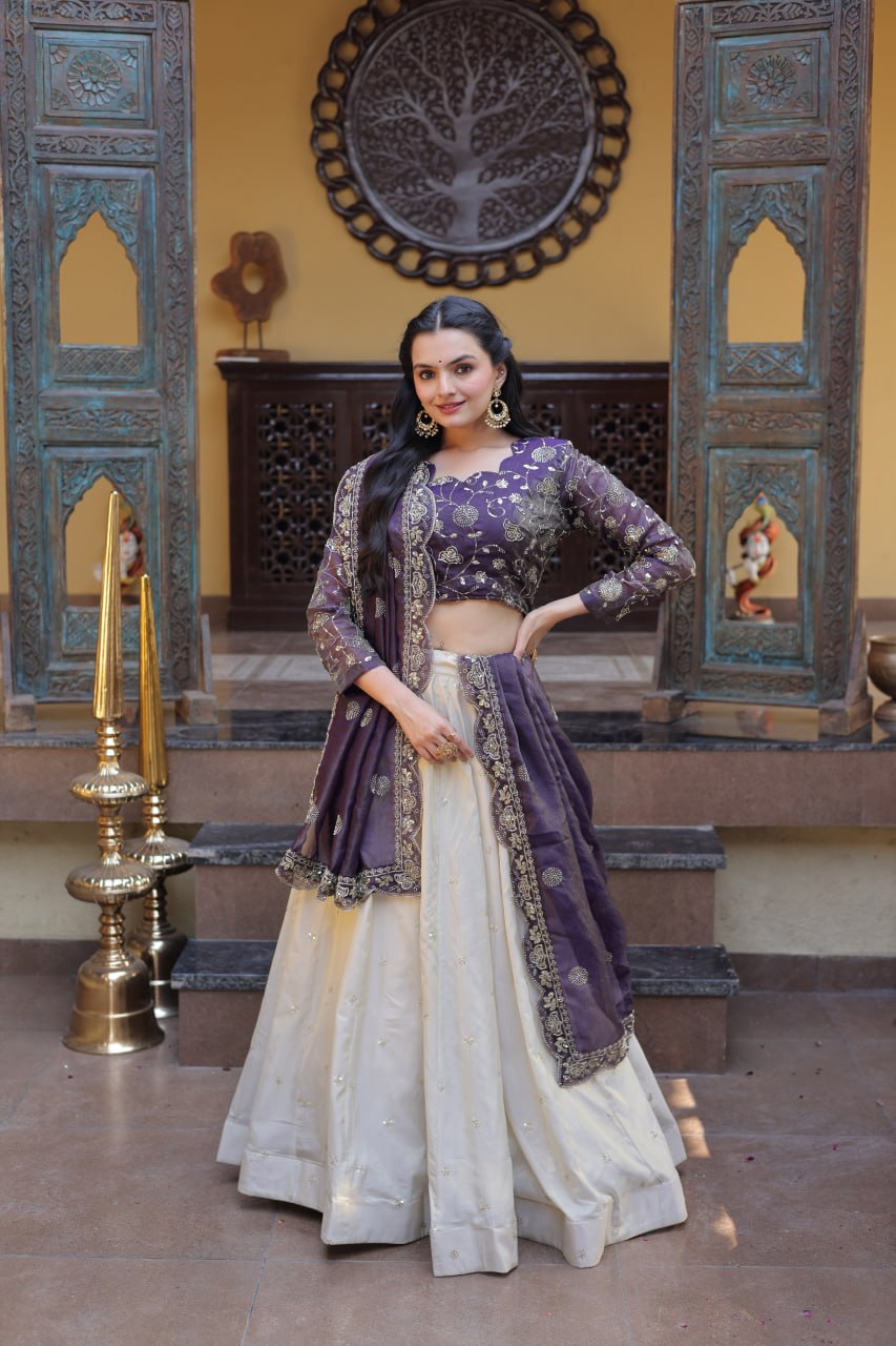 Bhagyashree Purple Cosmos Zari Sequins Embroidered Lehenga Choli Set