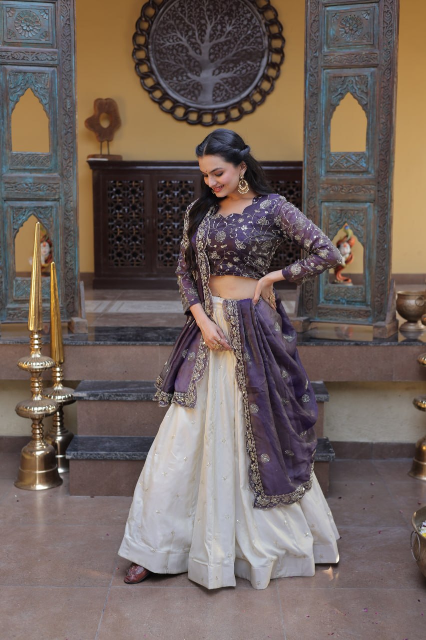 Bhagyashree Purple Cosmos Zari Sequins Embroidered Lehenga Choli Set