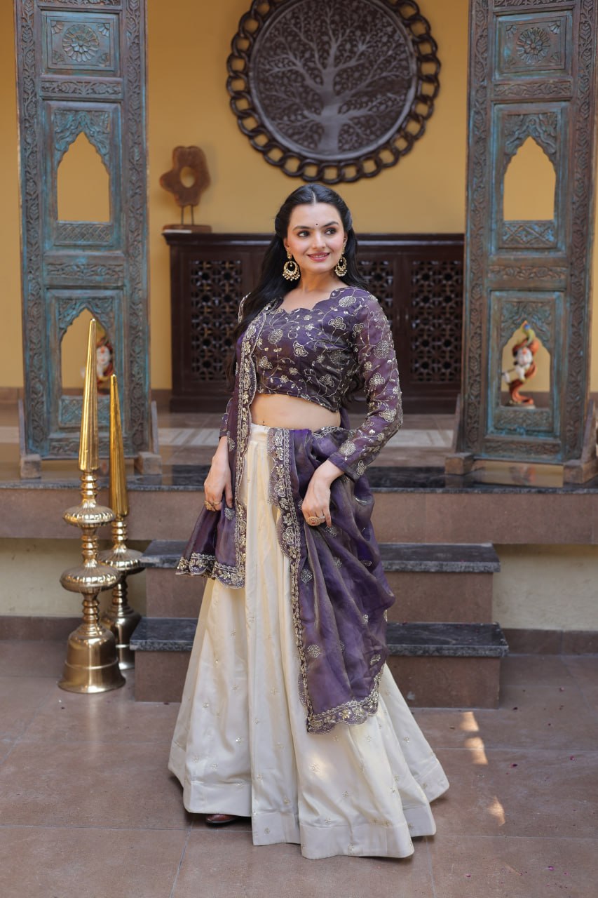 Bhagyashree Purple Cosmos Zari Sequins Embroidered Lehenga Choli Set