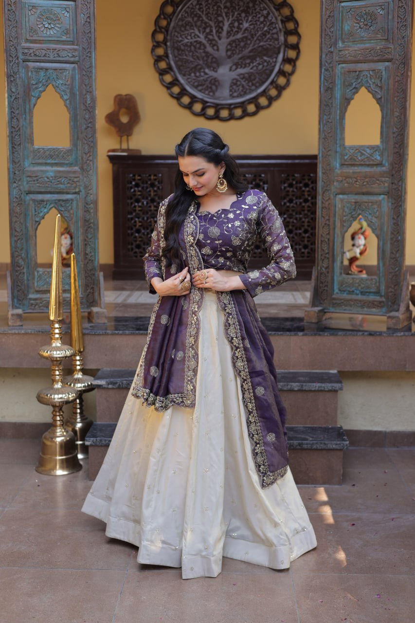 Bhagyashree Purple Cosmos Zari Sequins Embroidered Lehenga Choli Set