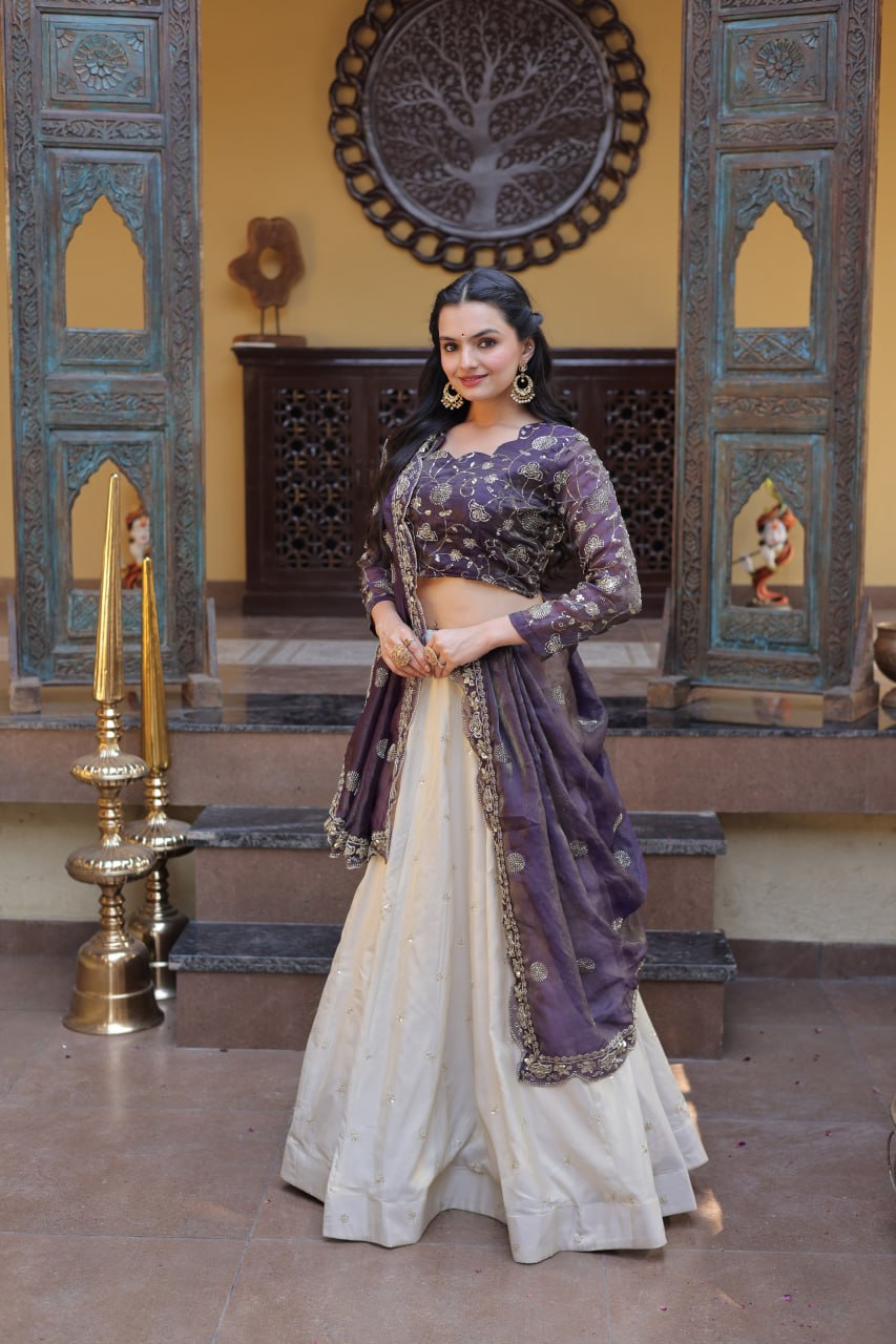 Bhagyashree Purple Cosmos Zari Sequins Embroidered Lehenga Choli Set