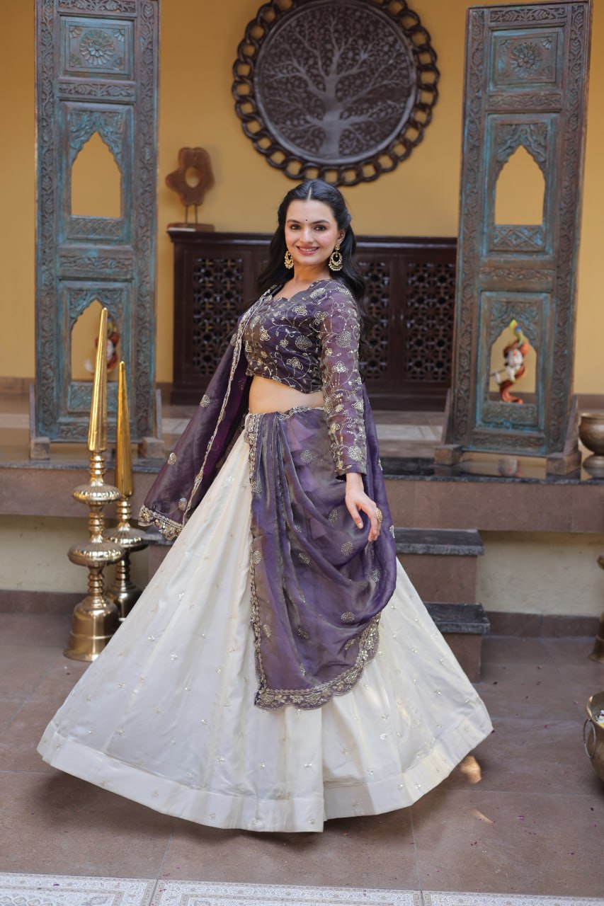 Bhagyashree Purple Cosmos Zari Sequins Embroidered Lehenga Choli Set
