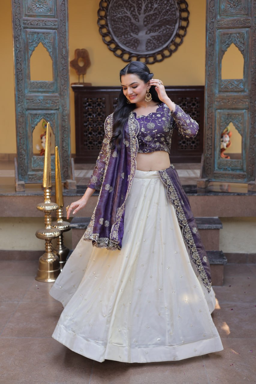 Bhagyashree Purple Cosmos Zari Sequins Embroidered Lehenga Choli Set