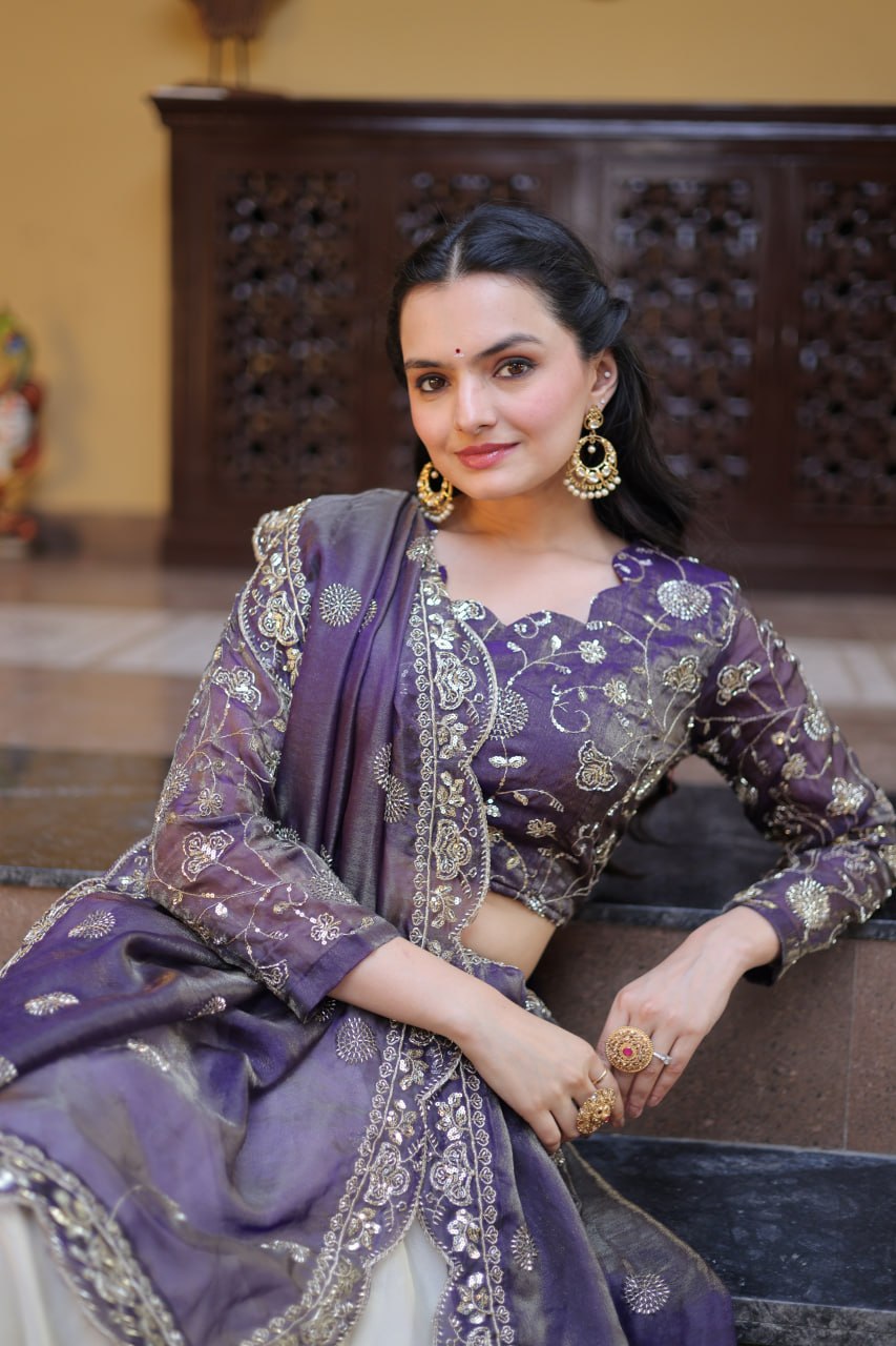 Bhagyashree Purple Cosmos Zari Sequins Embroidered Lehenga Choli Set