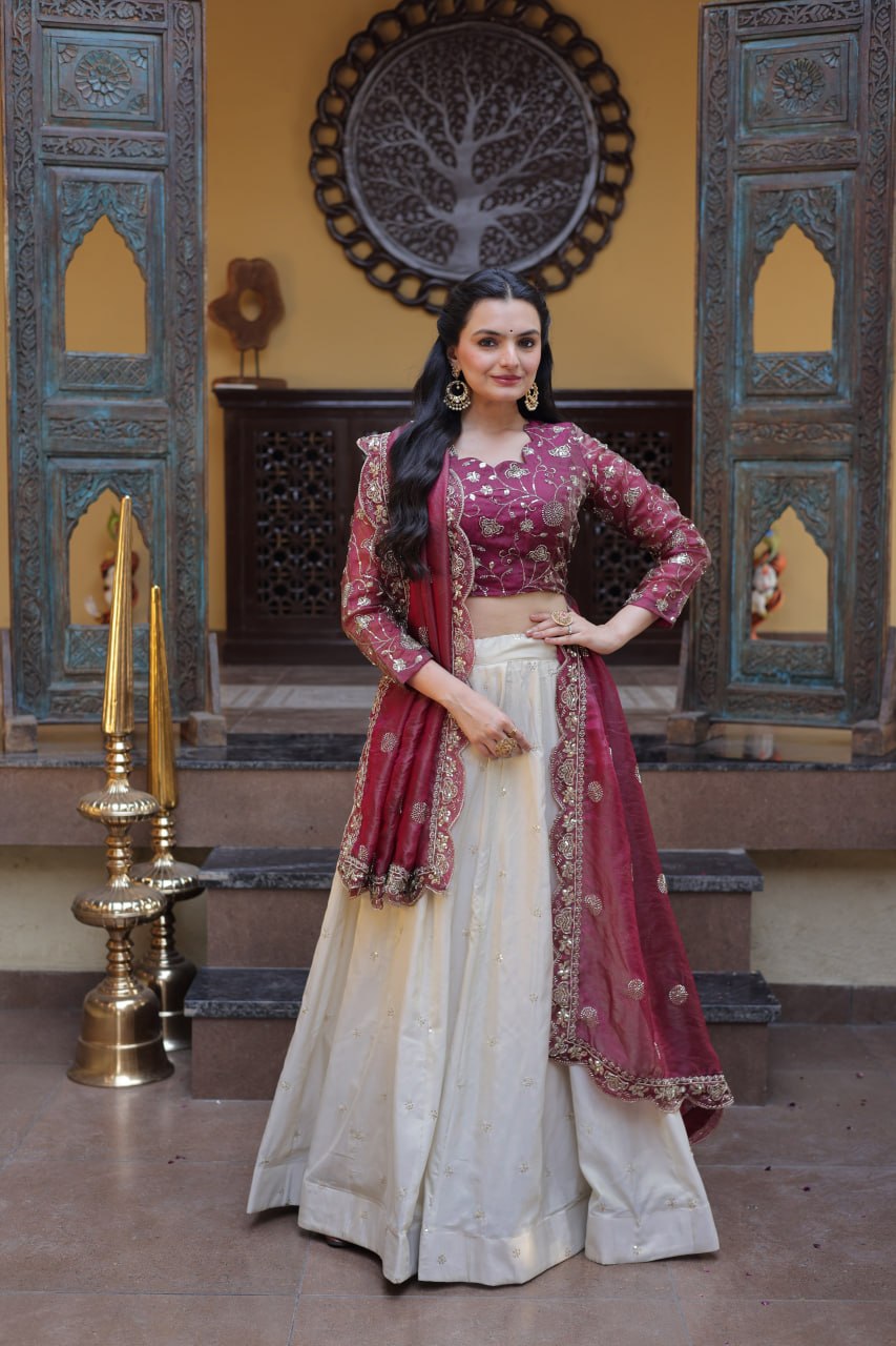 Bhagyashree Wine Cosmos Zari Sequins Embroidered Lehenga Choli Set