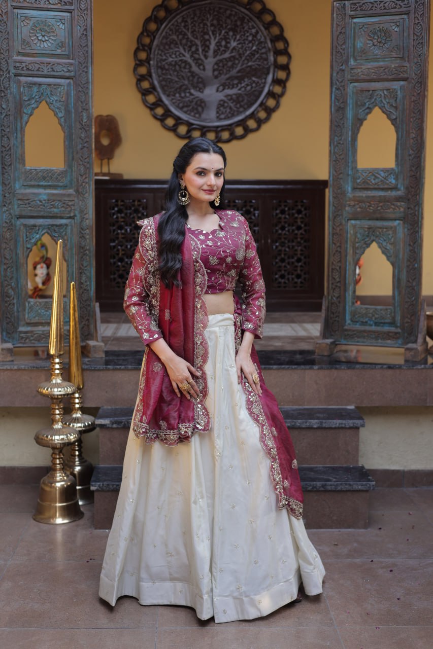 Bhagyashree Wine Cosmos Zari Sequins Embroidered Lehenga Choli Set