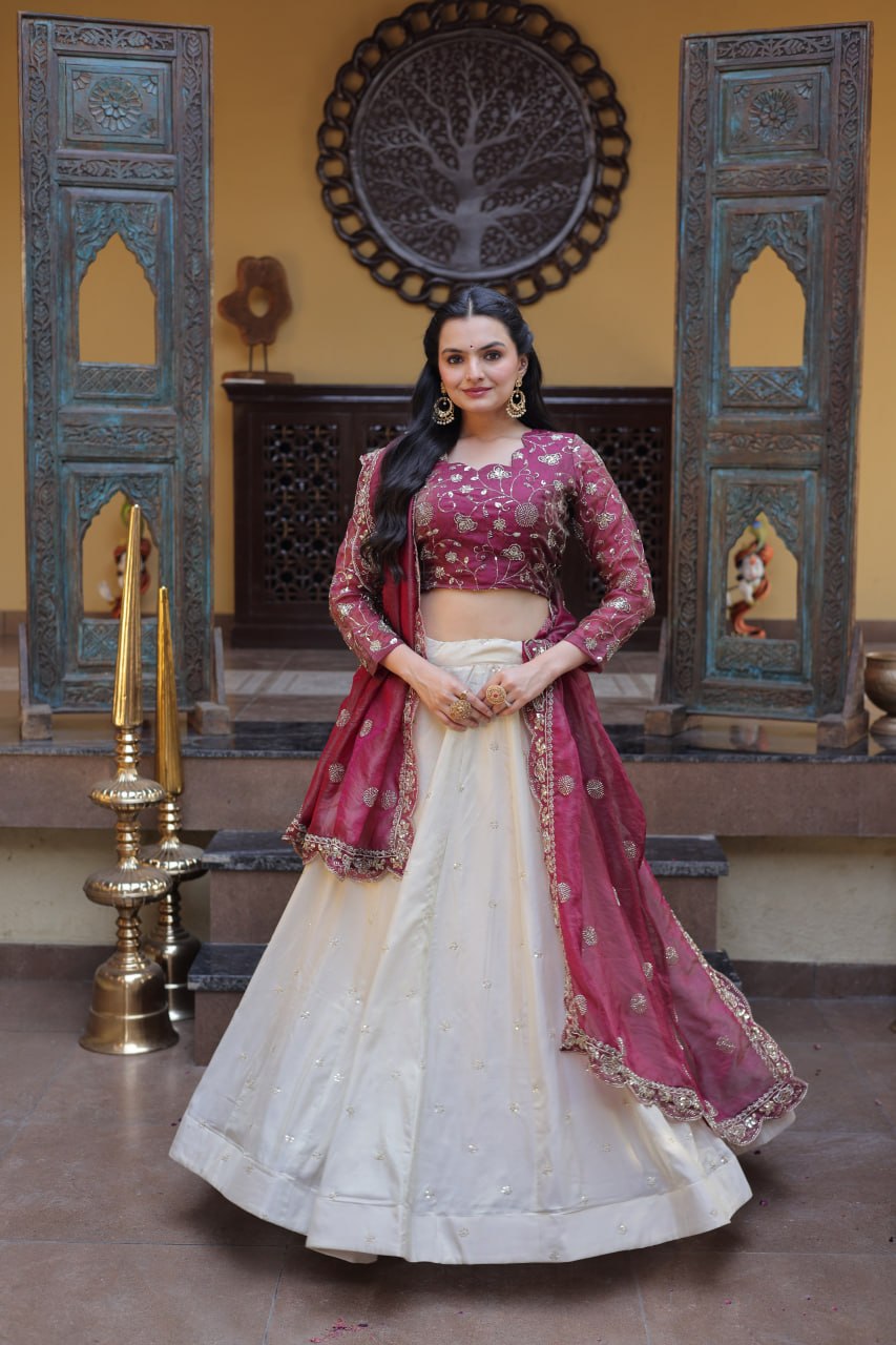 Bhagyashree Wine Cosmos Zari Sequins Embroidered Lehenga Choli Set