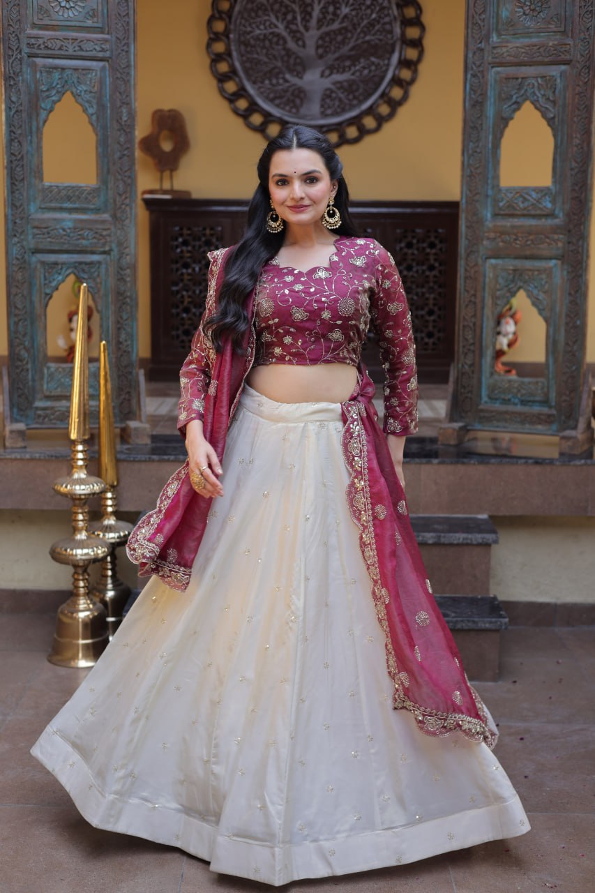 Bhagyashree Wine Cosmos Zari Sequins Embroidered Lehenga Choli Set