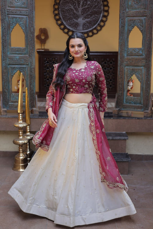 Bhagyashree Wine Cosmos Zari Sequins Embroidered Lehenga Choli Set