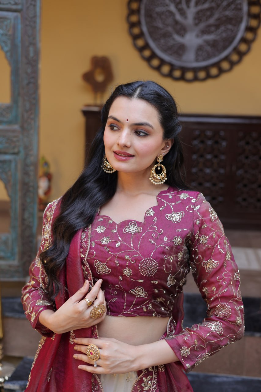 Bhagyashree Wine Cosmos Zari Sequins Embroidered Lehenga Choli Set