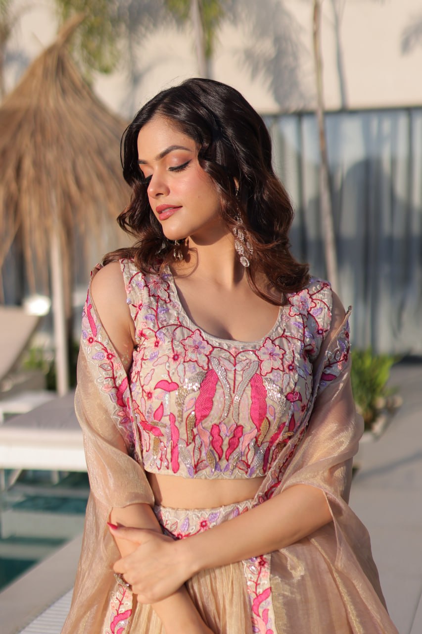Simran Offwhite Sindur Silk Beads Embroidered Lehenga Choli Set