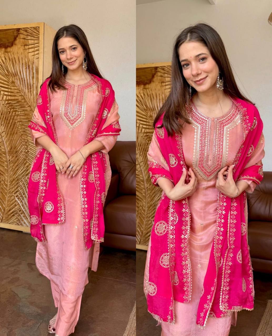 Blush Pink & Rani Pink Embroidered Straight Kurta Set with Intricate Neckline Work, Floral Embroidery & Statement Dupatta