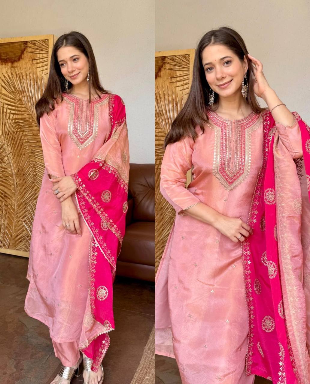 Blush Pink & Rani Pink Embroidered Straight Kurta Set with Intricate Neckline Work, Floral Embroidery & Statement Dupatta