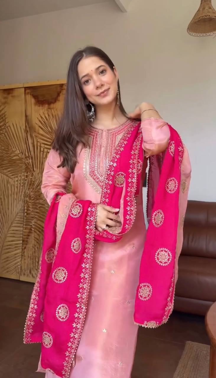 Blush Pink & Rani Pink Embroidered Straight Kurta Set with Intricate Neckline Work, Floral Embroidery & Statement Dupatta