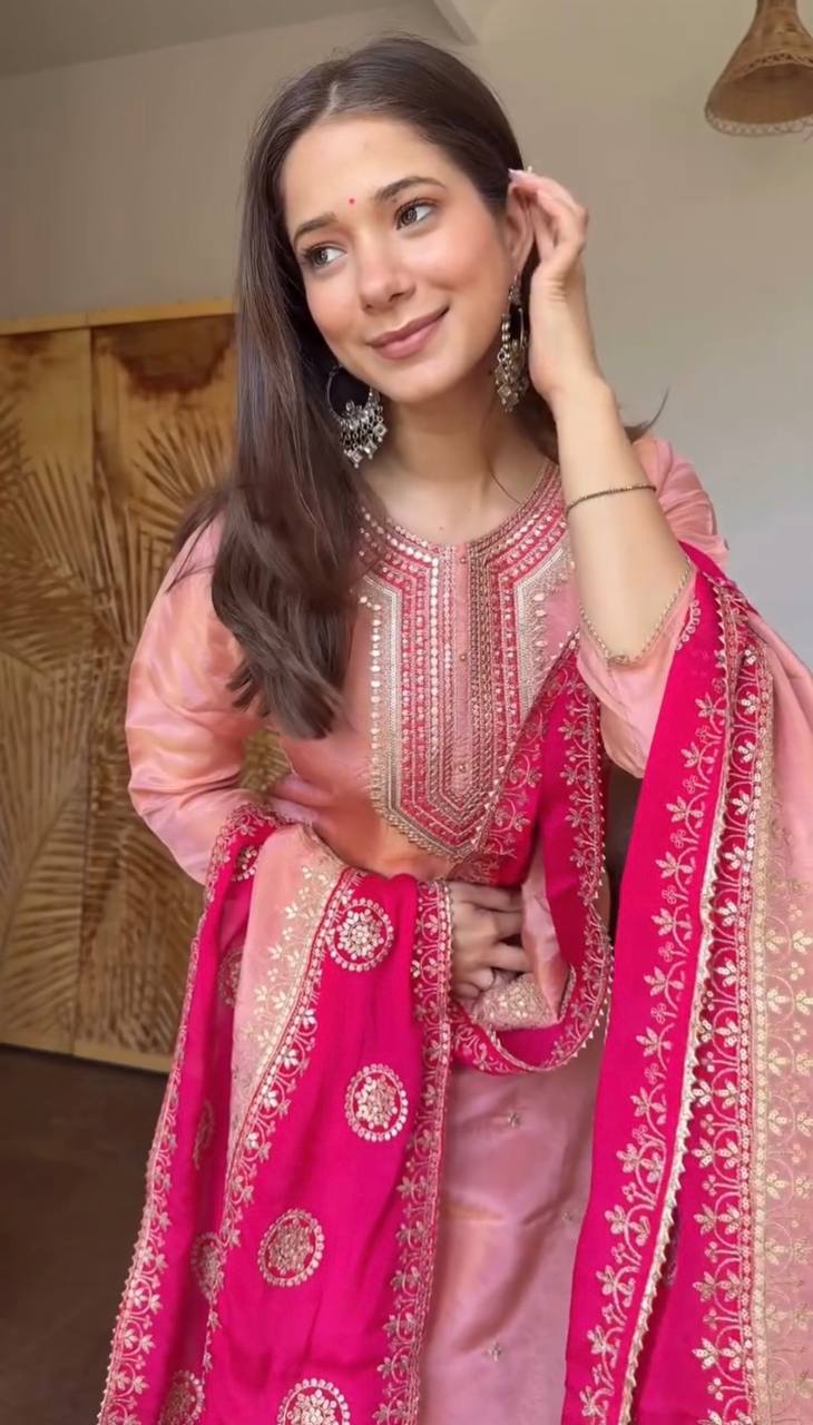 Blush Pink & Rani Pink Embroidered Straight Kurta Set with Intricate Neckline Work, Floral Embroidery & Statement Dupatta