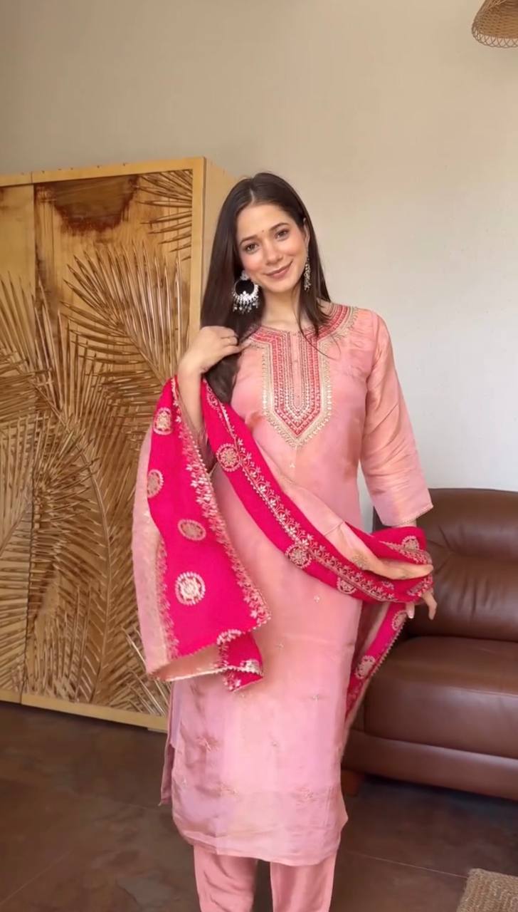 Blush Pink & Rani Pink Embroidered Straight Kurta Set with Intricate Neckline Work, Floral Embroidery & Statement Dupatta