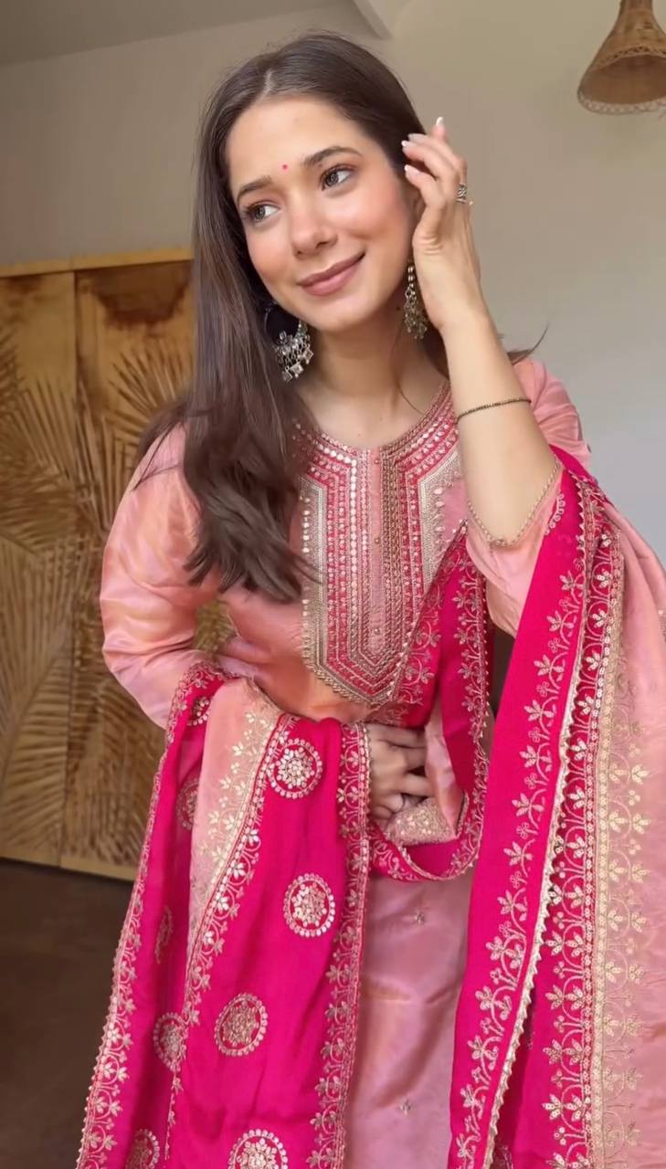 Blush Pink & Rani Pink Embroidered Straight Kurta Set with Intricate Neckline Work, Floral Embroidery & Statement Dupatta