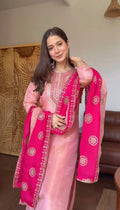 Blush Pink & Rani Pink Embroidered Straight Kurta Set with Intricate Neckline Work, Floral Embroidery & Statement Dupatta