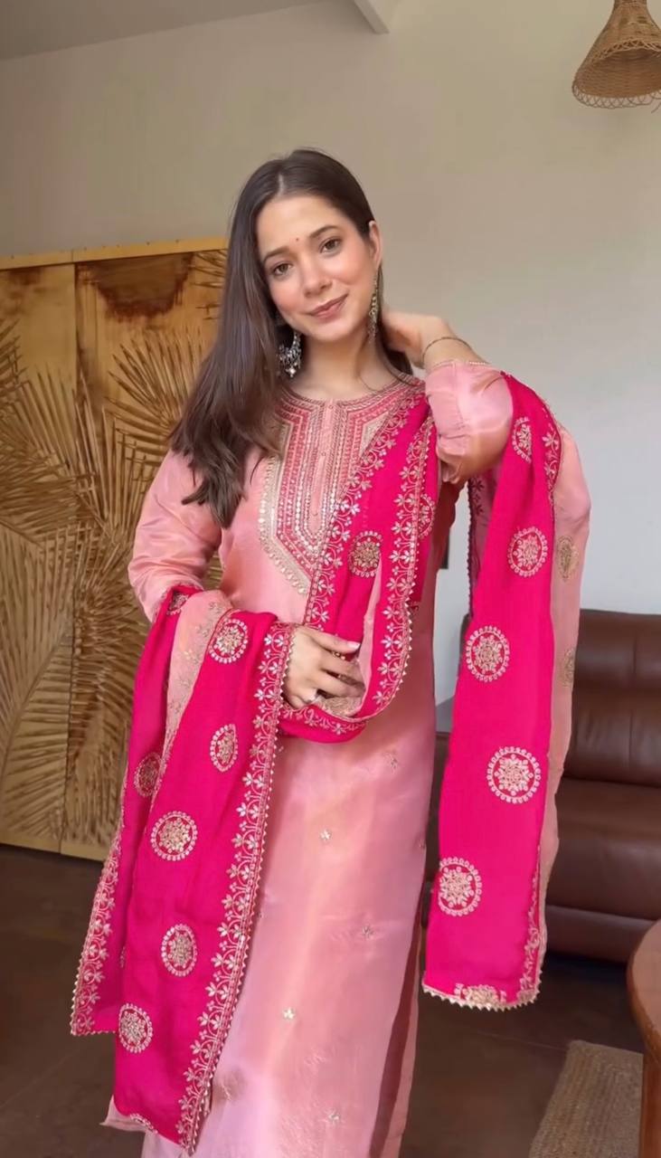 Blush Pink & Rani Pink Embroidered Straight Kurta Set with Intricate Neckline Work, Floral Embroidery & Statement Dupatta