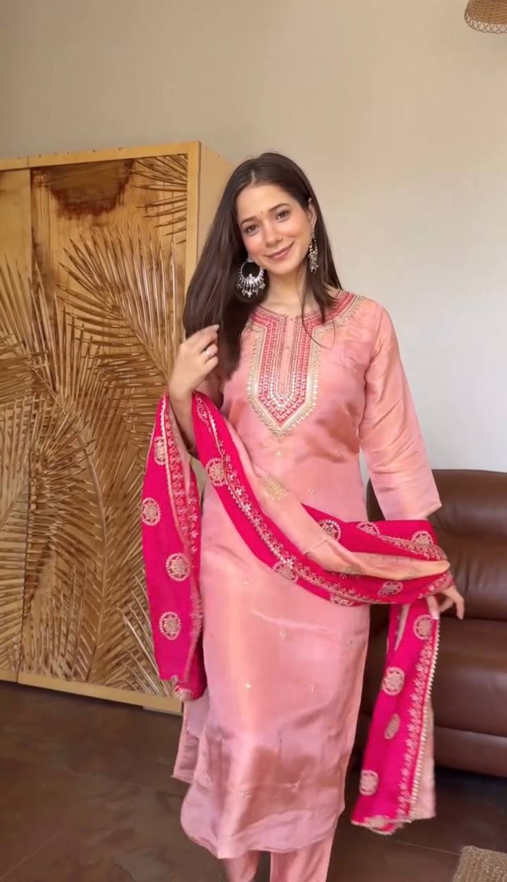 Blush Pink & Rani Pink Embroidered Straight Kurta Set with Intricate Neckline Work, Floral Embroidery & Statement Dupatta