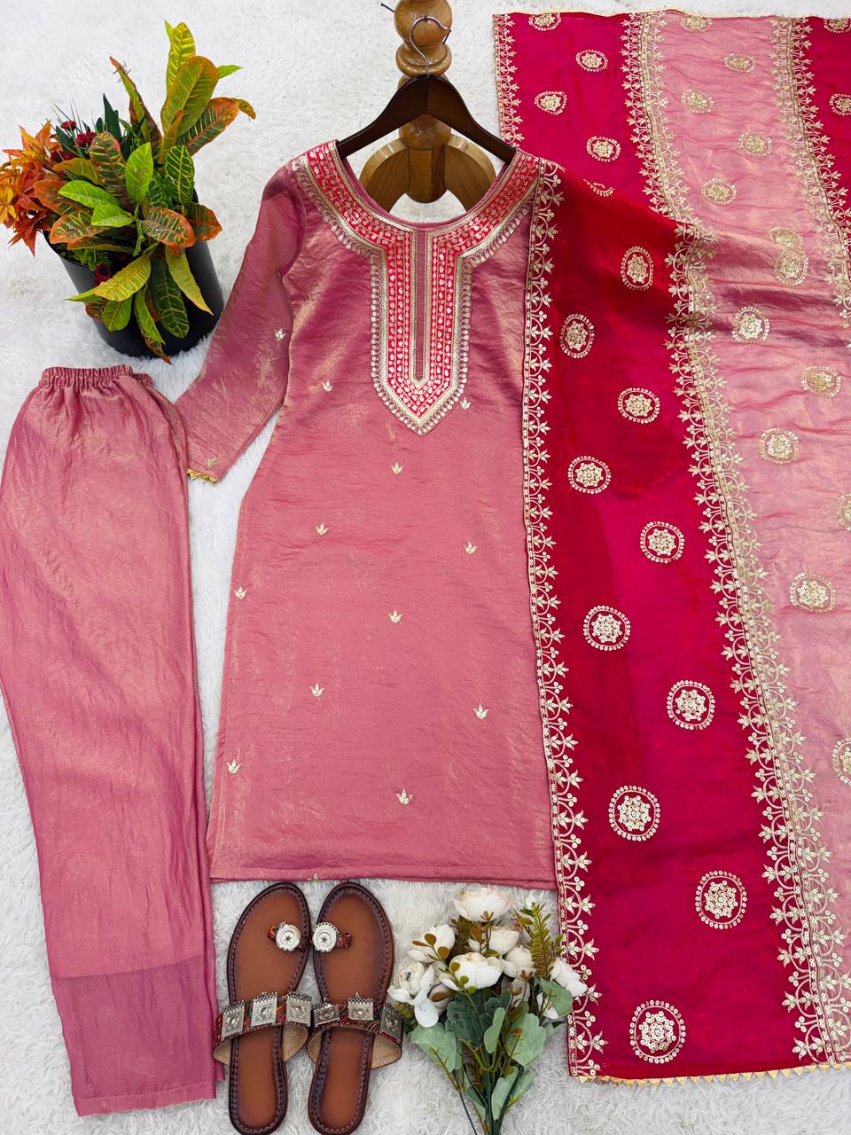 Blush Pink & Rani Pink Embroidered Straight Kurta Set with Intricate Neckline Work, Floral Embroidery & Statement Dupatta