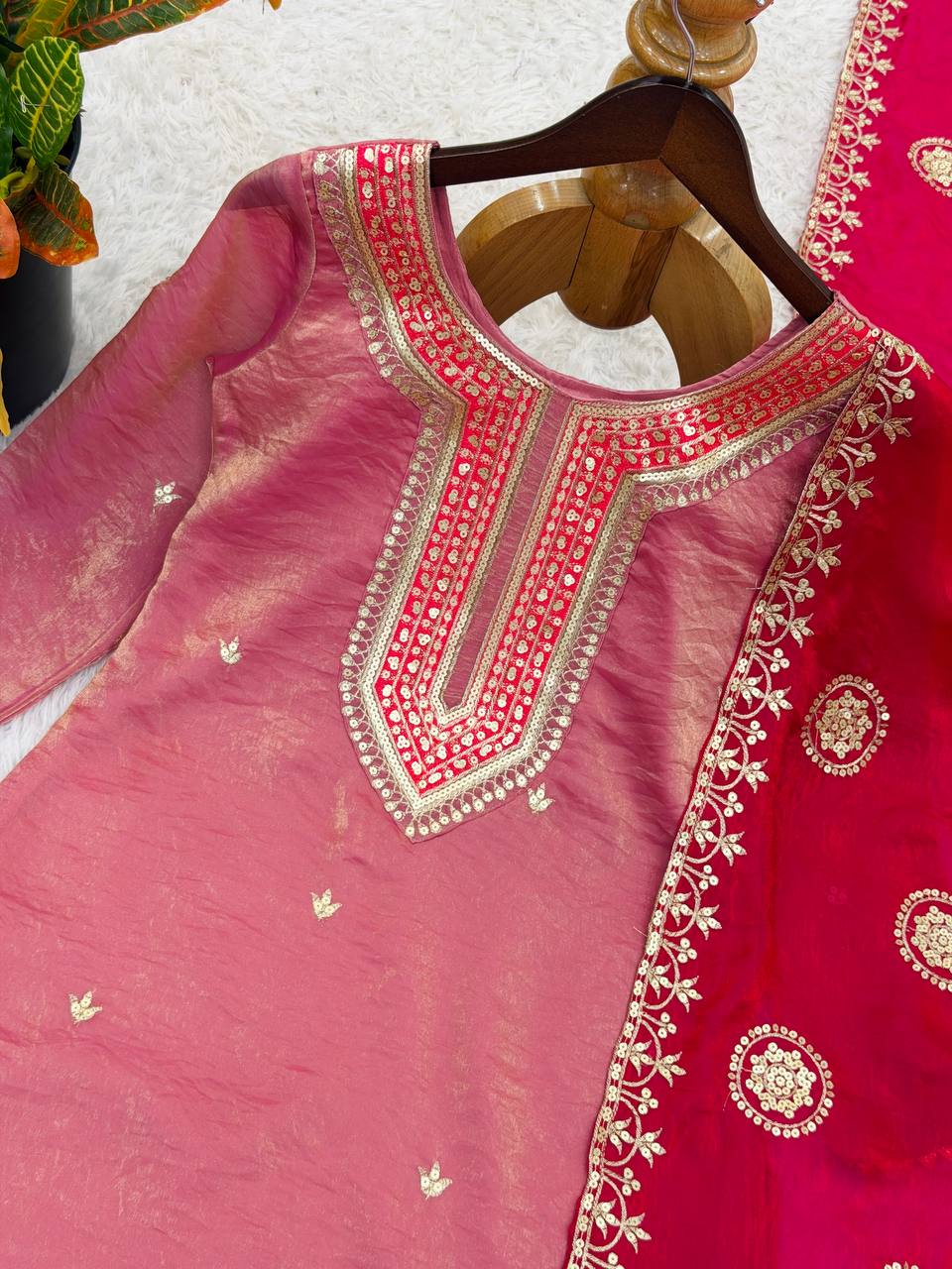 Blush Pink & Rani Pink Embroidered Straight Kurta Set with Intricate Neckline Work, Floral Embroidery & Statement Dupatta