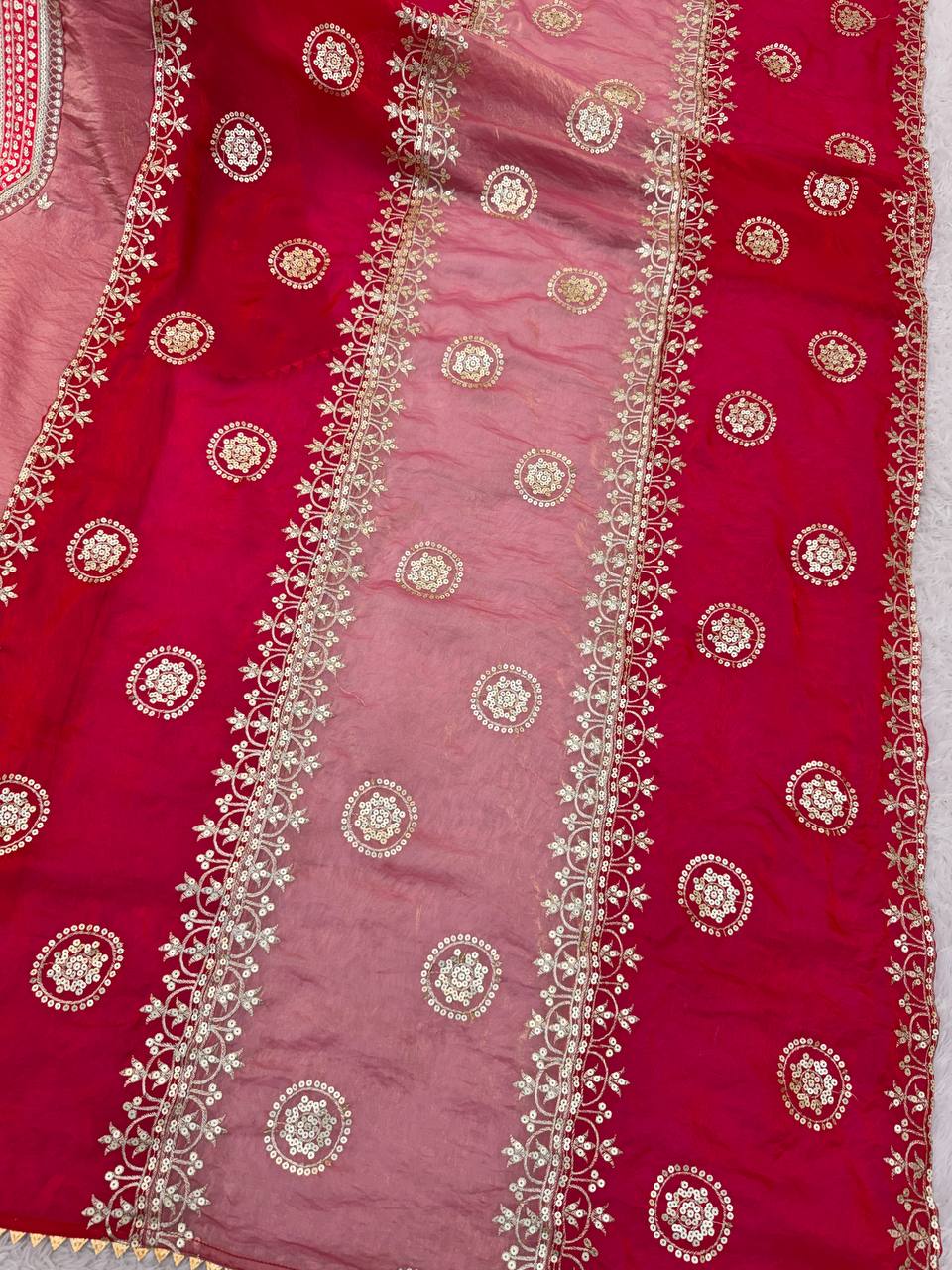 Blush Pink & Rani Pink Embroidered Straight Kurta Set with Intricate Neckline Work, Floral Embroidery & Statement Dupatta