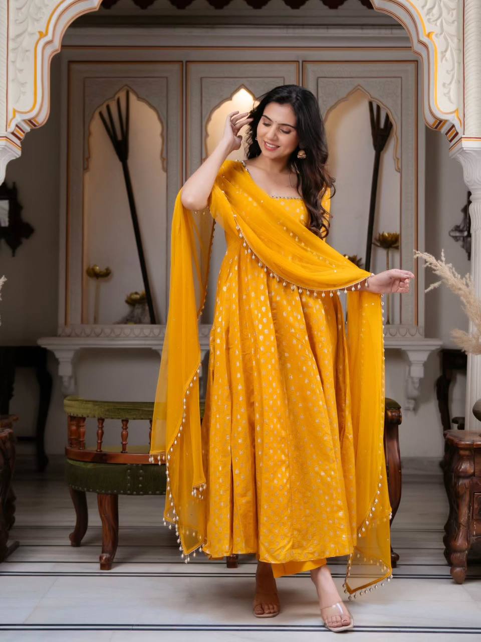 Mustard Yellow Bandhani-Inspired Printed Anarkali Gown with Embellished Square Neckline, Sheer Sleeves & Matching Dupatta