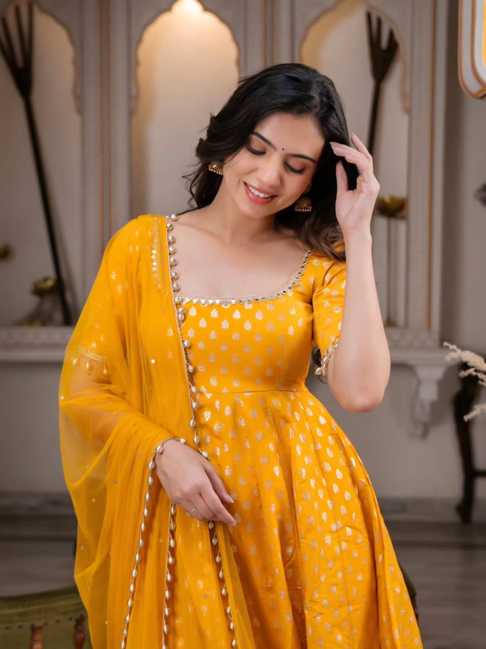 Mustard Yellow Bandhani-Inspired Printed Anarkali Gown with Embellished Square Neckline, Sheer Sleeves & Matching Dupatta