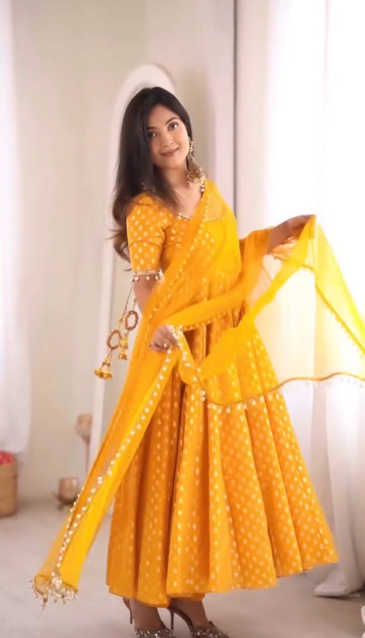 Mustard Yellow Bandhani-Inspired Printed Anarkali Gown with Embellished Square Neckline, Sheer Sleeves & Matching Dupatta