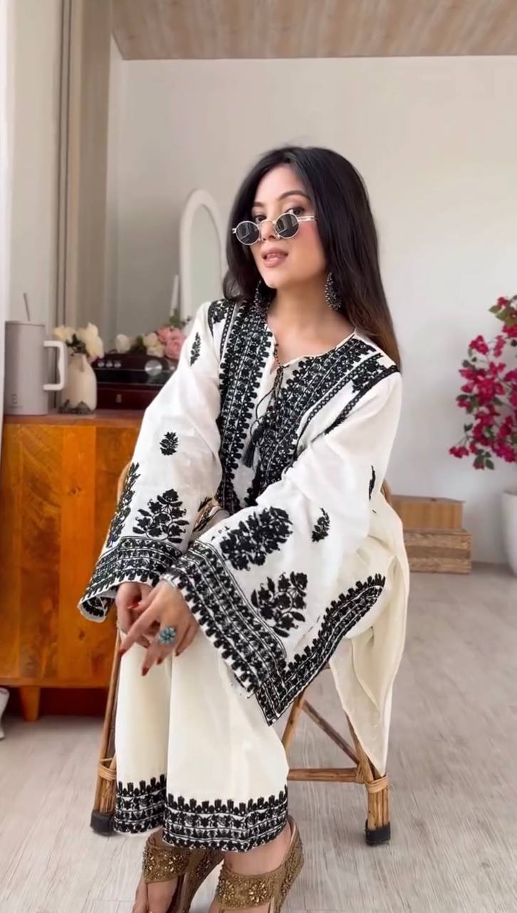 Ivory Noir Floral Embroidered Cotton Kurta with Statement Neckline, Bell Sleeves & Matching Palazzo Pants