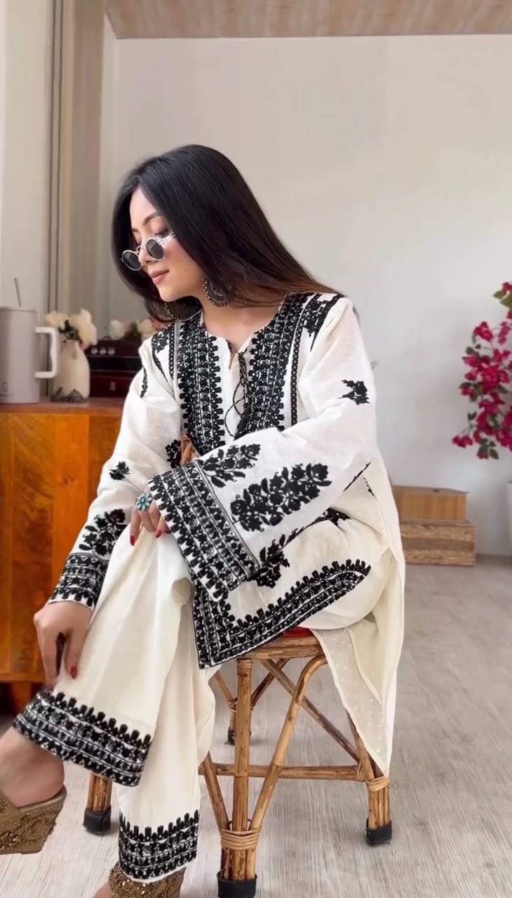 Ivory Noir Floral Embroidered Cotton Kurta with Statement Neckline, Bell Sleeves & Matching Palazzo Pants