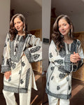 Ivory Noir Floral Embroidered Cotton Kurta with Statement Neckline, Bell Sleeves & Matching Palazzo Pants