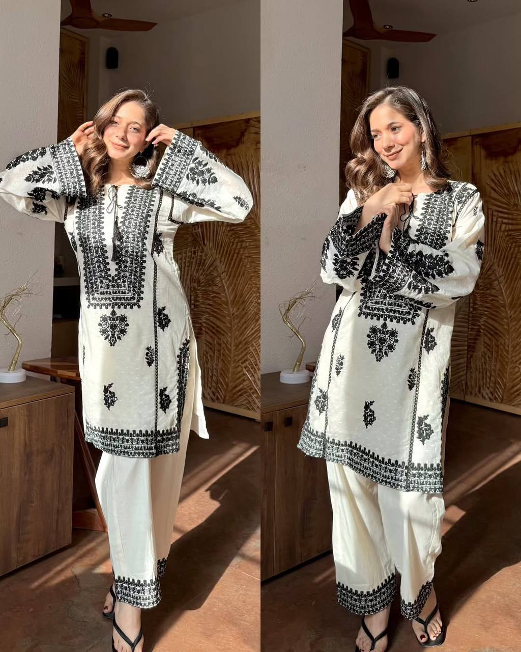 Ivory Noir Floral Embroidered Cotton Kurta with Statement Neckline, Bell Sleeves & Matching Palazzo Pants