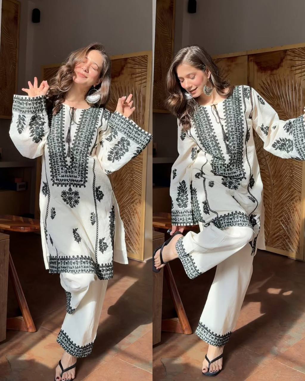 Ivory Noir Floral Embroidered Cotton Kurta with Statement Neckline, Bell Sleeves & Matching Palazzo Pants