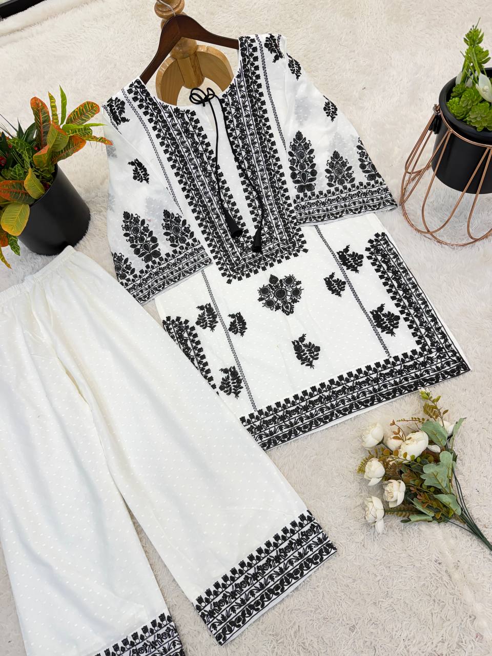 Ivory Noir Floral Embroidered Cotton Kurta with Statement Neckline, Bell Sleeves & Matching Palazzo Pants