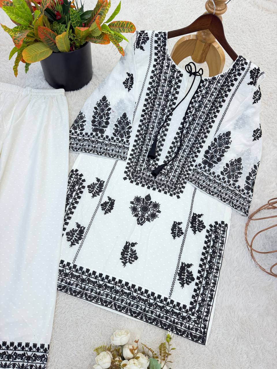 Ivory Noir Floral Embroidered Cotton Kurta with Statement Neckline, Bell Sleeves & Matching Palazzo Pants