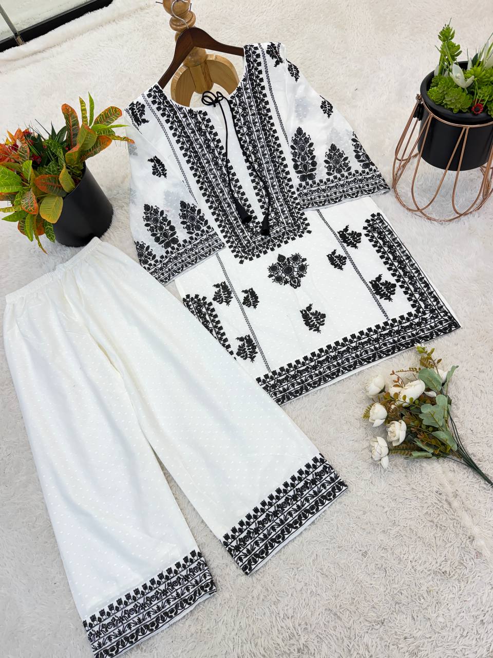 Ivory Noir Floral Embroidered Cotton Kurta with Statement Neckline, Bell Sleeves & Matching Palazzo Pants