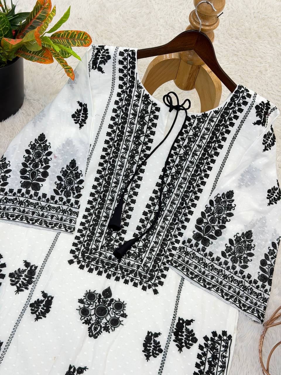 Ivory Noir Floral Embroidered Cotton Kurta with Statement Neckline, Bell Sleeves & Matching Palazzo Pants