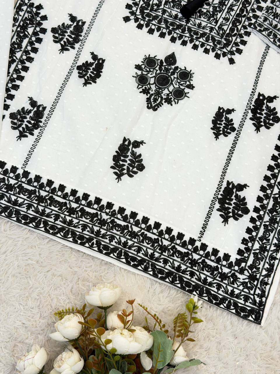 Ivory Noir Floral Embroidered Cotton Kurta with Statement Neckline, Bell Sleeves & Matching Palazzo Pants