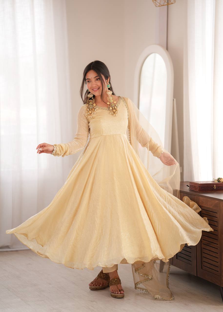 Royal Ivory Silk Anarkali Gown with Elegant Embellished Neckline & Dupatta