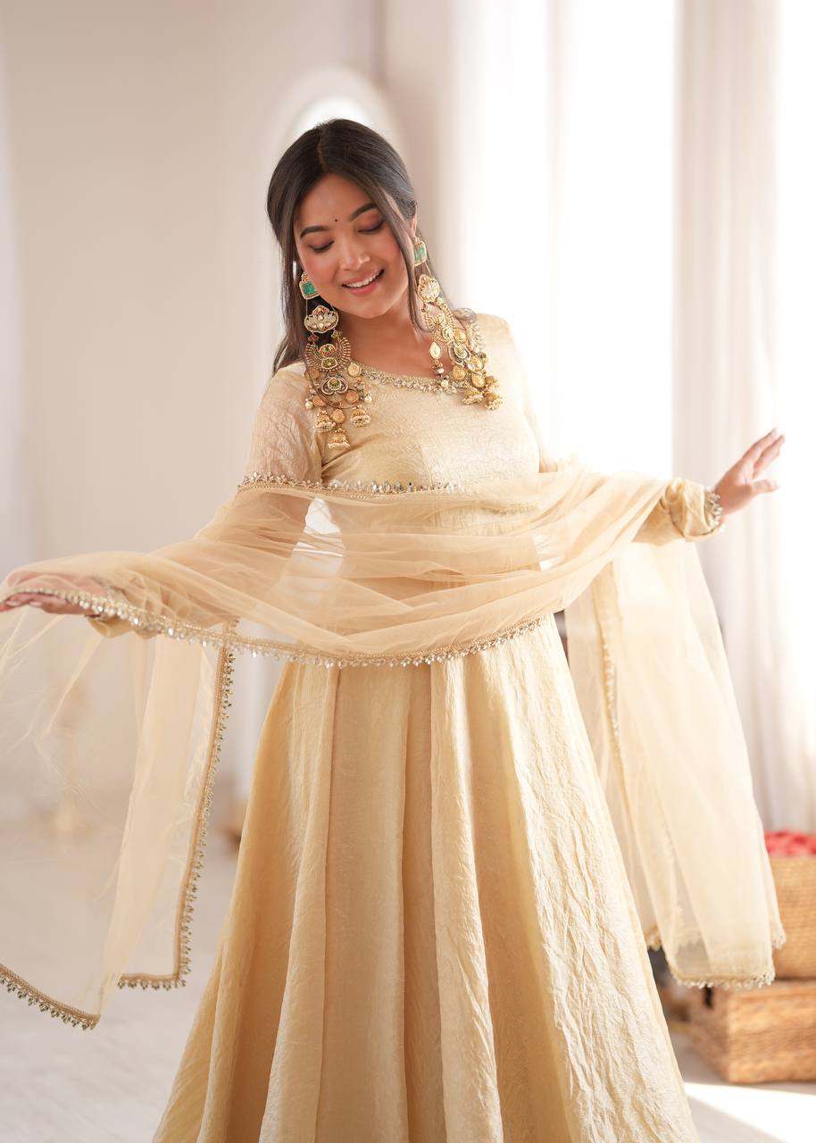 Royal Ivory Silk Anarkali Gown with Elegant Embellished Neckline & Dupatta
