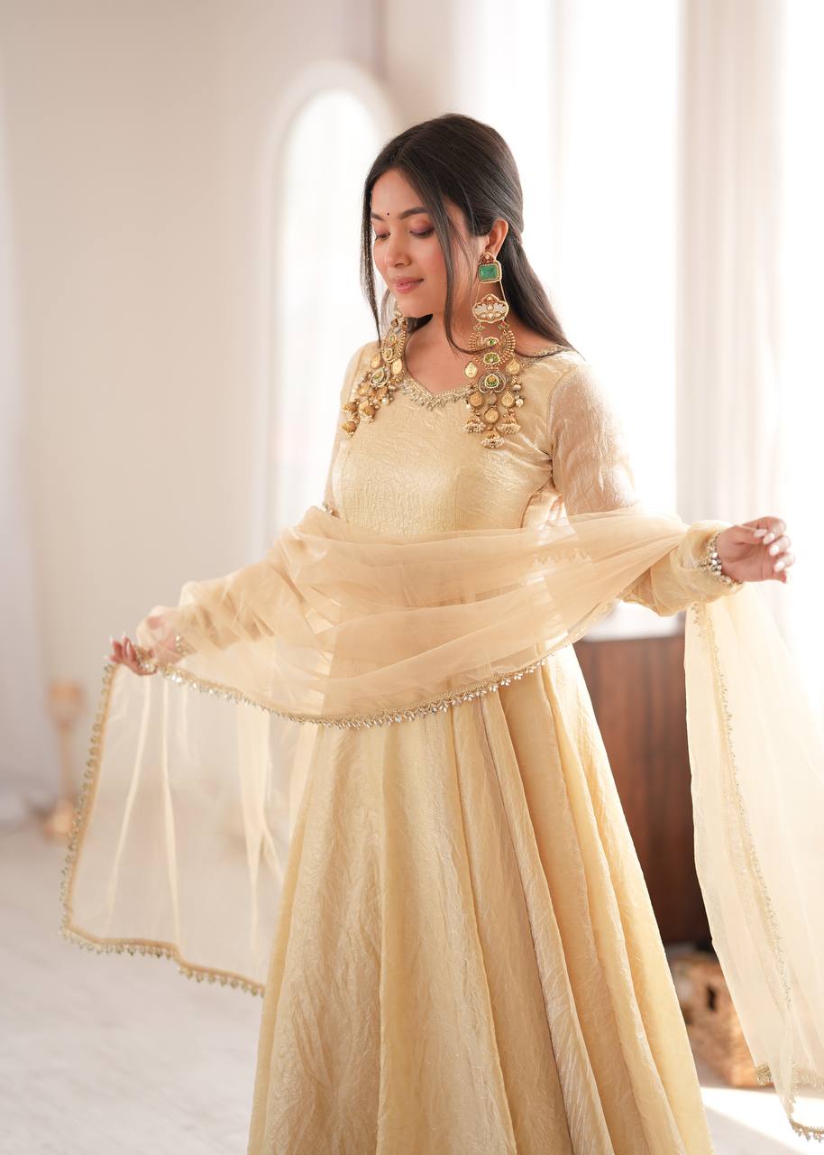 Royal Ivory Silk Anarkali Gown with Elegant Embellished Neckline & Dupatta